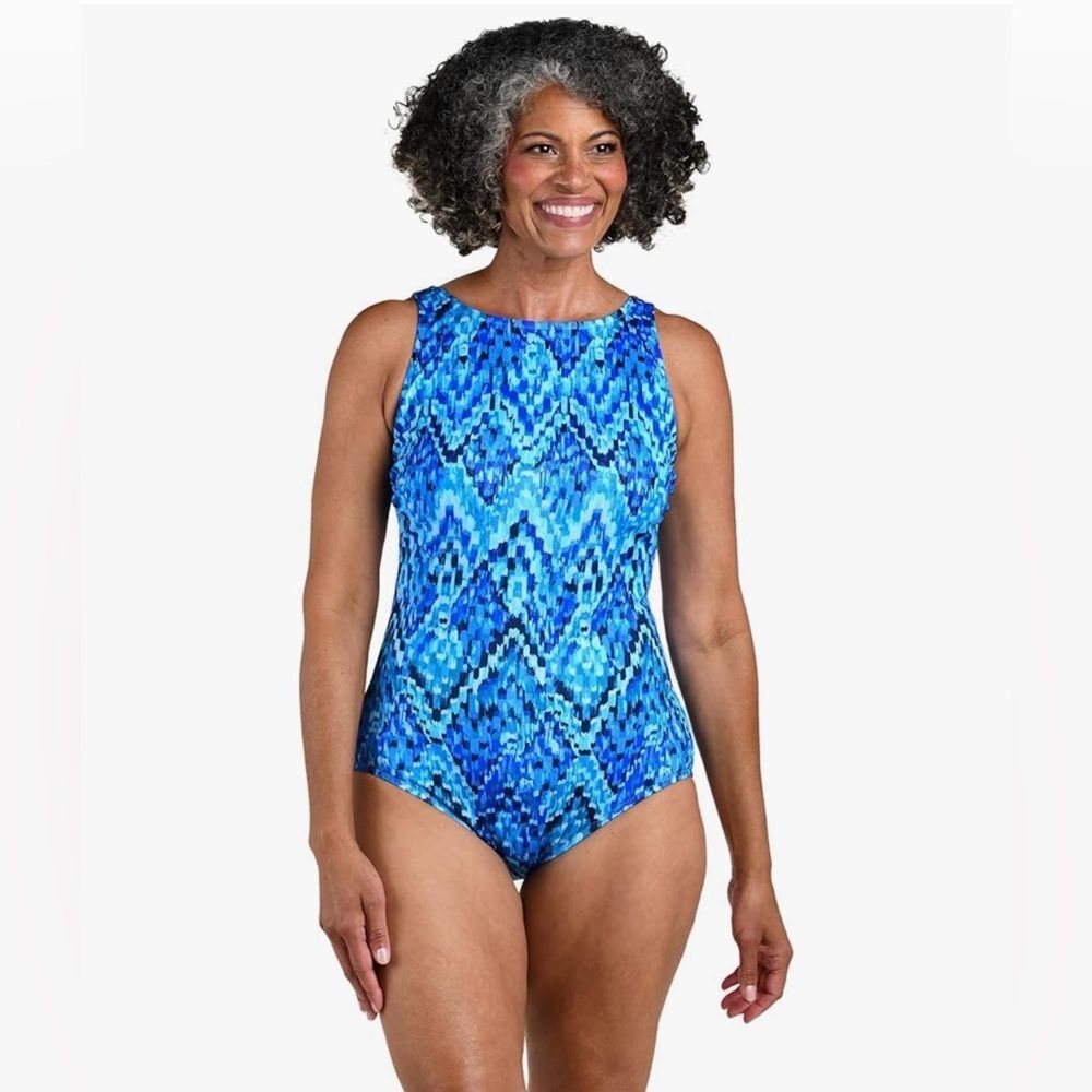 Maxine Of Hollywood Women's Spa High Neck One Piece Swimsuit Blue Ikat 14 NWT